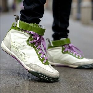 Lacoste Elite Men’s Edan Leather White Green Sneakers with Purple Laces Size 11